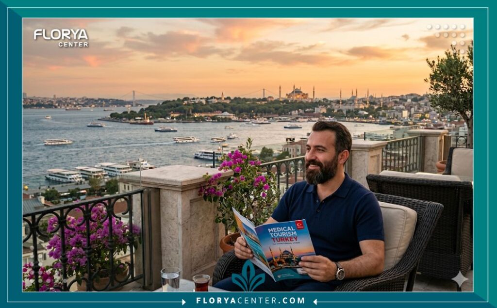 رجل يستمتع بإطلالة مضيق البوسفور في اسطنبول بعد الخضوع لعملية زراعة شعر الذقن والشارب الناجحة كجزء من رحلة سياحة علاجية في تركيا.