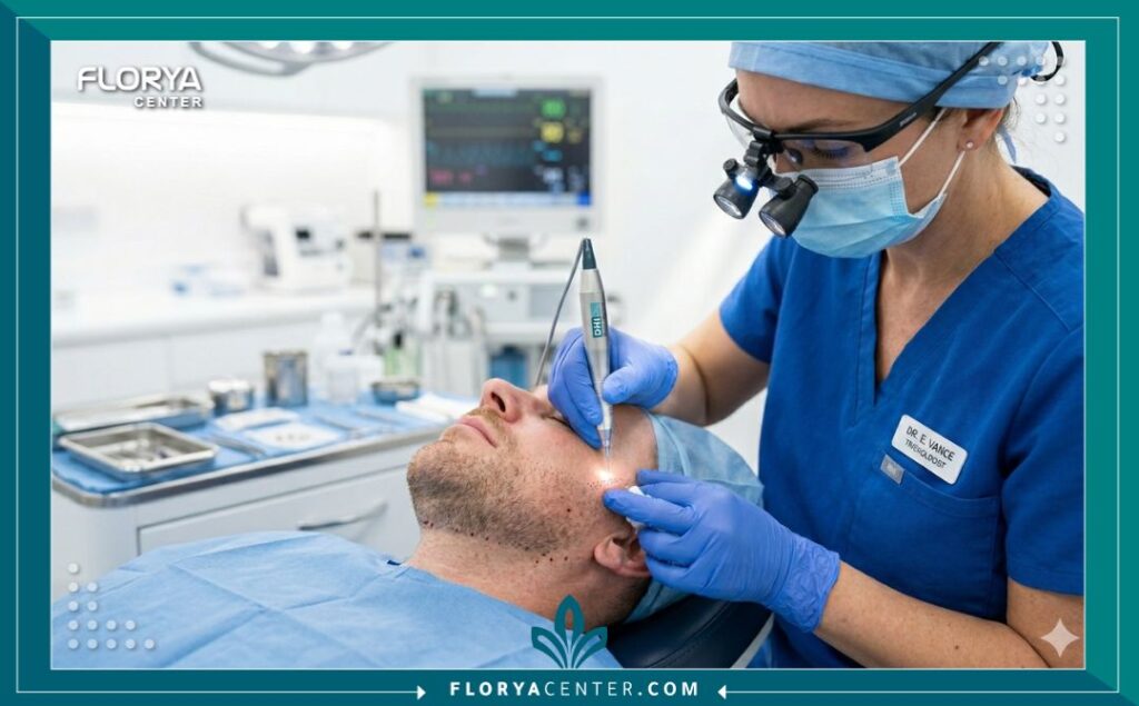 طبيب متخصص يقوم بإجراء زراعة شعر الذقن بدقة باستخدام أدوات حديثة داخل غرفة عمليات معقمة في مركز تجميل.