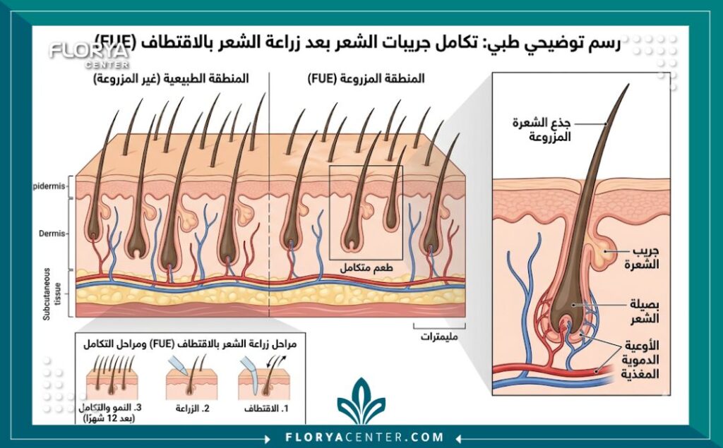 مخطط تشريحي طبي لدمج بصيلات الشعر المزروعة في فروة الرأس بعد عملية زراعة الشعر بتقنية FUE