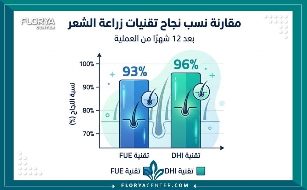 انفوجرافيك نظيف يوضح مقارنة نسبة نجاح عملية زراعة الشعر بين تقنيتي FUE و DHI.