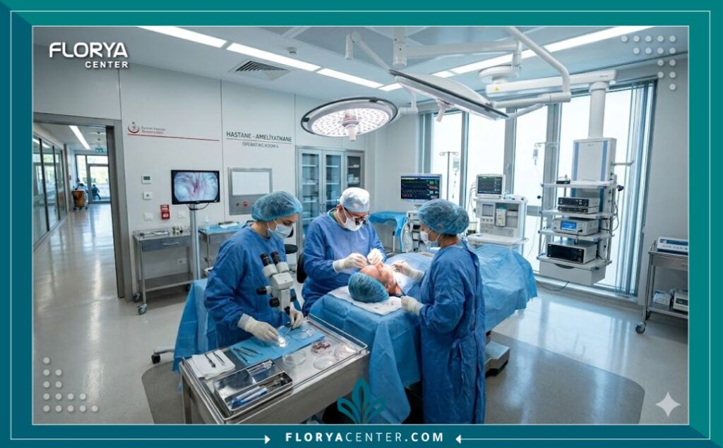 صورة واقعية لداخل غرفة عمليات معقمة واحترافية في مستشفى تركي حديث لزراعة الشعر.