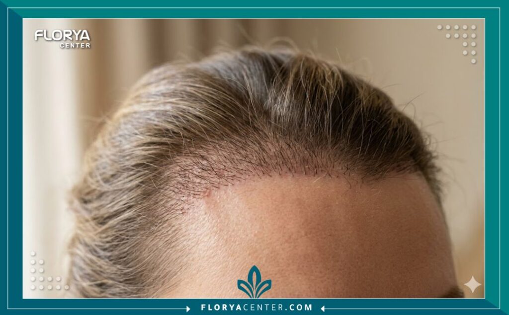 لقطة قريبة جمالية تركز على كثافة ونمط نمو خط الشعر الطبيعي لنموذج بعد زراعة الشعر.