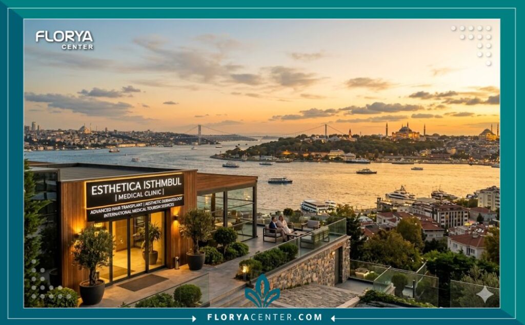 منظر طبيعي خلاب لمدينة اسطنبول عند الغروب مع واجهة عيادة طبية فاخرة لزراعة الشعر.