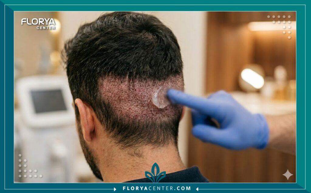 لقطة مكبرة تظهر منطقة المانحة في الجزء الخلفي من الرأس أثناء مرحلة الاستشفاء بعد عملية الاقتطاف.