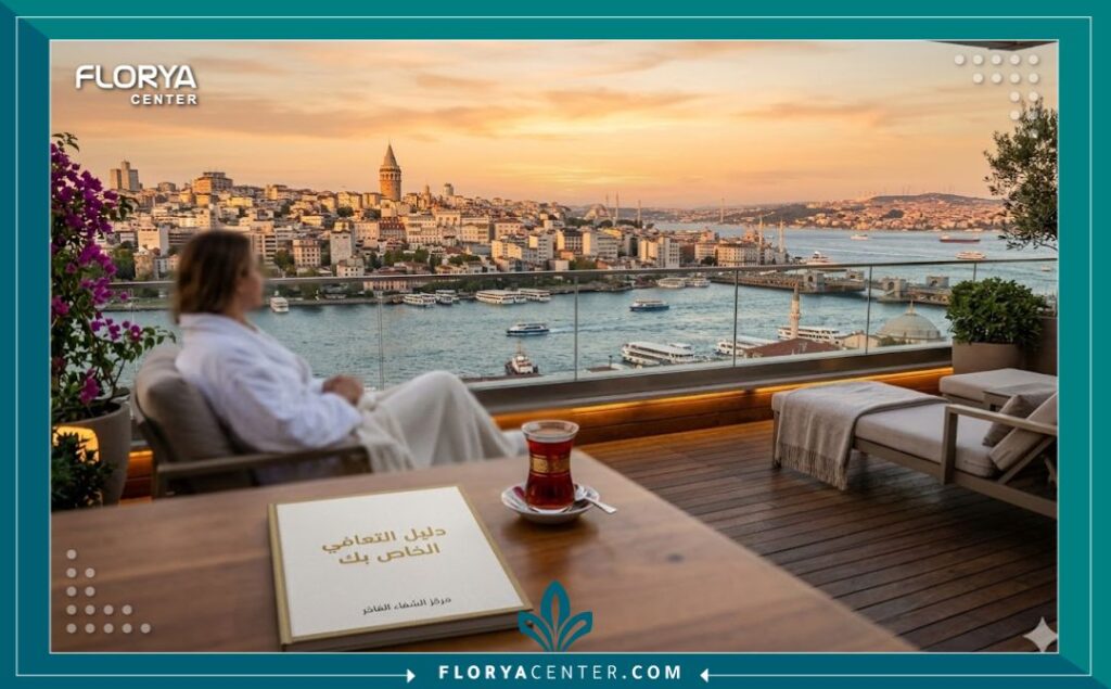 إطلالة بانورامية لمدينة اسطنبول ومضيق البوسفور من شرفة عيادة زراعة الشعر أثناء فترة النقاهة.