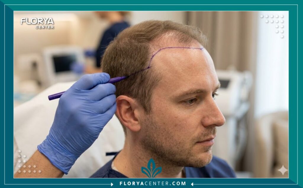 لقطة قريبة (زووم) لجبين رجل وخط شعره المتراجع، مع يد طبيب ترسم خط الشعر الجديد المقترح، تبرز مرحلة التخطيط الدقيق قبل زراعة الشعر.