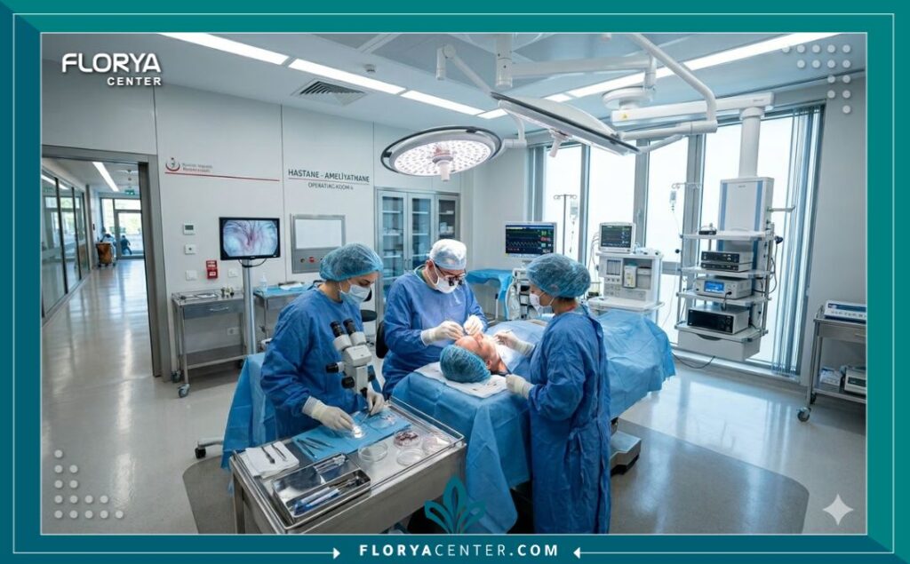 لقطة واقعية من داخل غرفة عمليات معقمة واحترافية لزراعة الشعر، تظهر طبيباً يراجع الملفات، لزرع الثقة في احترافية الطاقم الطبي والاستعداد للعملية.