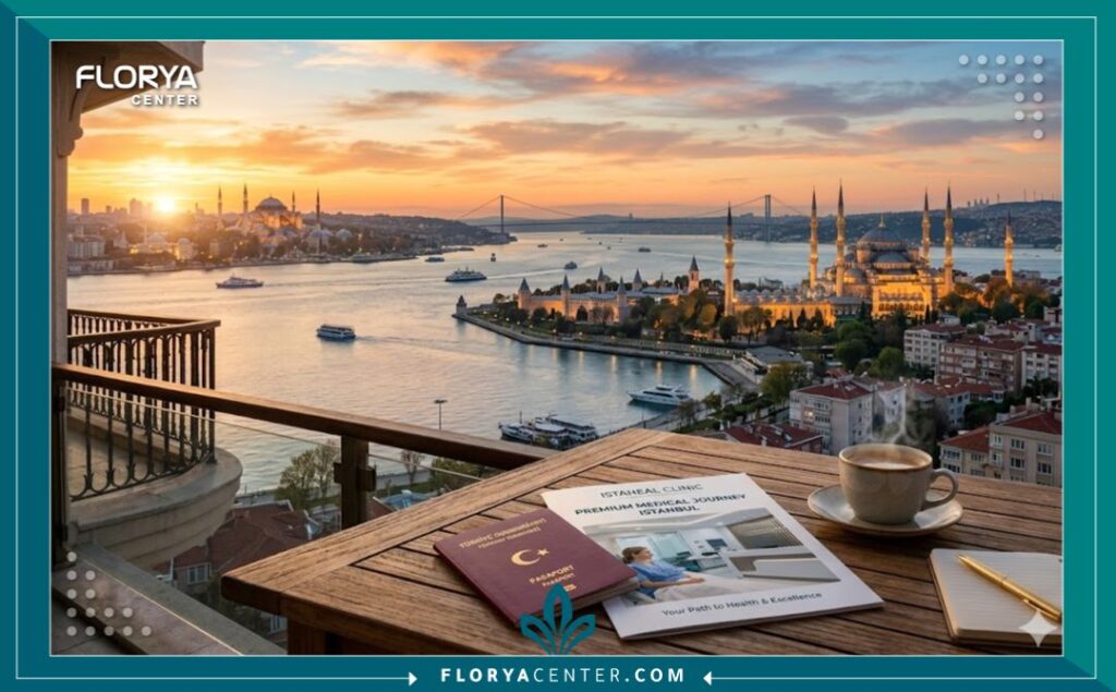 منظر طبيعي خلاب لمدينة اسطنبول ومضيق البوسفور عند الشروق، مع كتيب طبي لعيادة زراعة الشعر وجواز سفر، يجسد تجربة سياحة علاجية مريحة وناجحة.