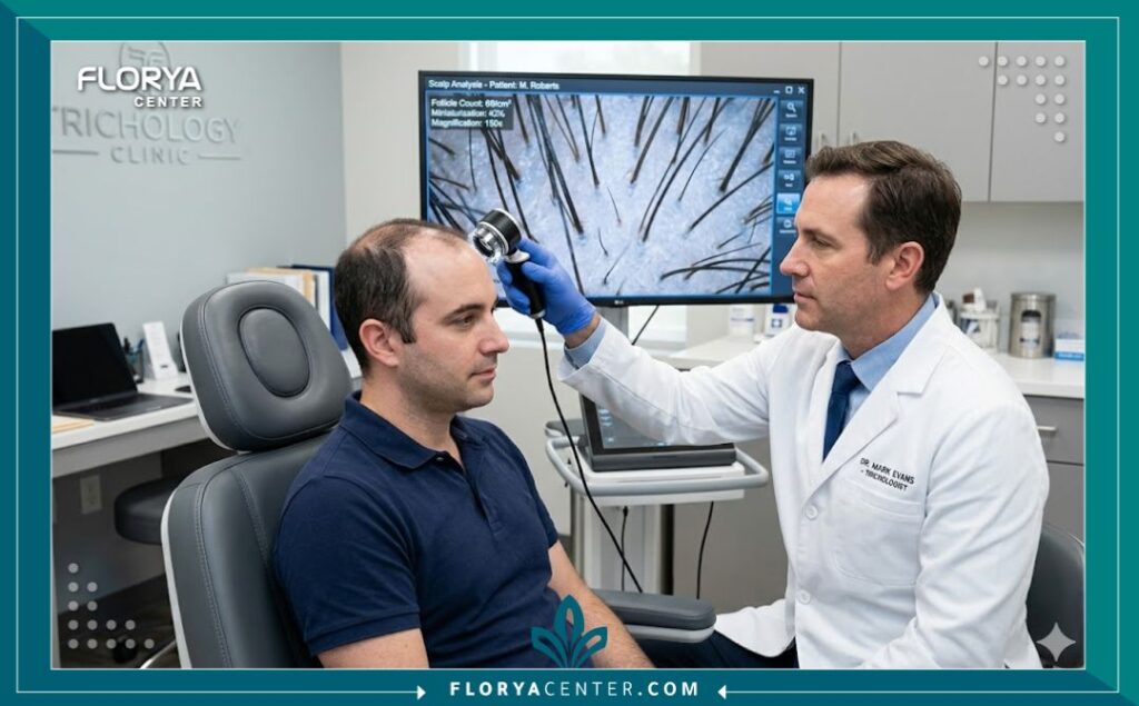 طبيب اختصاصي يقوم بفحص فروة رأس مريض باستخدام تقنيات حديثة لعلاج تساقط الشعر وتحفيز نموه.