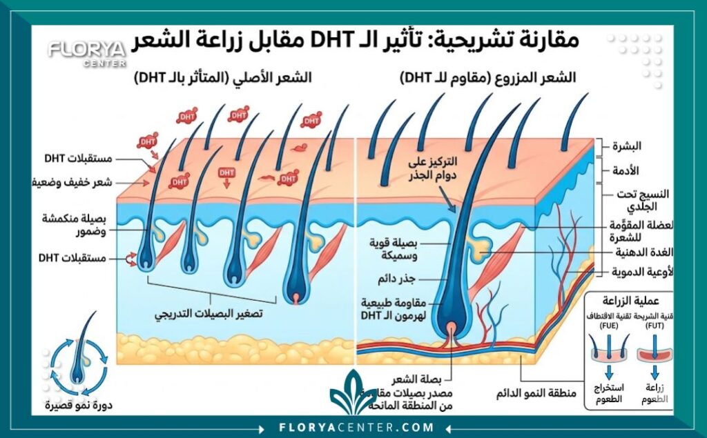 رسم توضيحي طبي يبين الفرق بين بصيلات الشعر الأصلي المعرض للتساقط وبصيلات الشعر المزروع المقاومة للصلع.