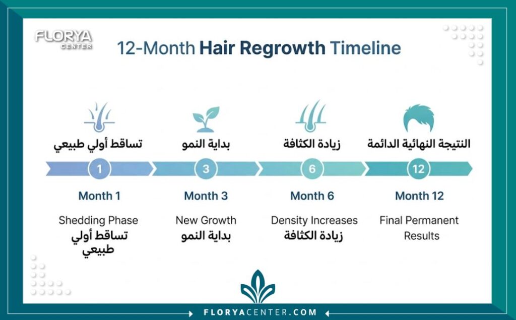 مخطط إنفوجرافيك يوضح مراحل نمو الشعر بعد الزراعة وتوضيح مرحلة التساقط المؤقت الطبيعي وصولاً للنتيجة الدائمة.
