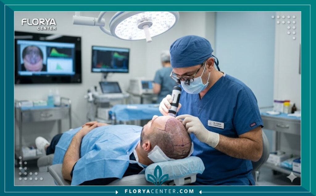 طبيب مختص يقوم بفحص دقيق لخط الشعر أثناء هل الشعر المزروع يتساقط في مستشفى معقم ومجهز في إسطنبول، لضمان نجاح الجراحة.