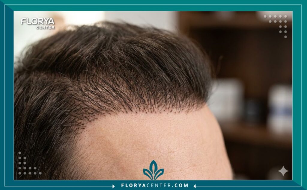 لقطة قريبة (ماكرو) تظهر المظهر الطبيعي لخط الشعر وكثافته العالية بعد عام من زراعة الشعر دون أي تساقط.