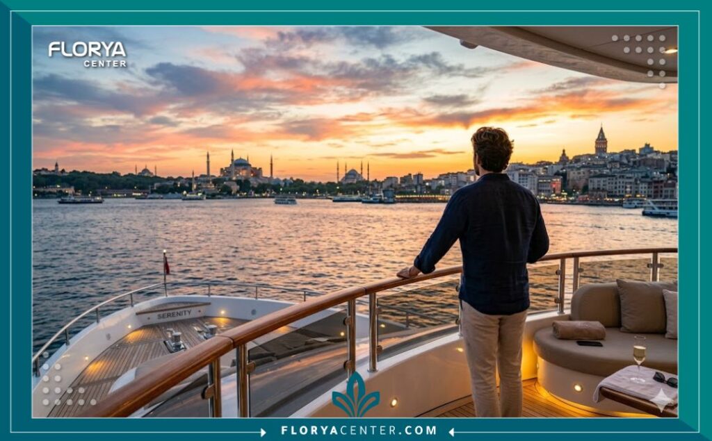 مريض يستمتع بمنظر البوسفور في إسطنبول بعد نجاح زراعة الشعر، رابطاً بين السياحة في تركيا والحصول على نتائج دائمة.