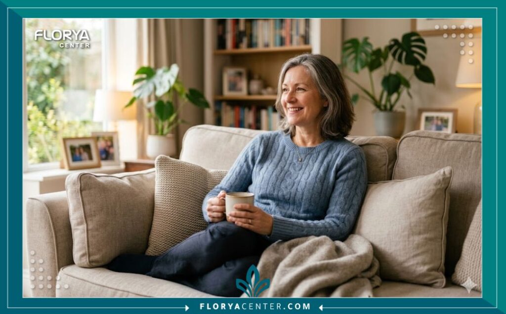 سيدة تشعر بالراحة والسعادة بعد التعافي من عملية تضييق المهبل بنجاح.