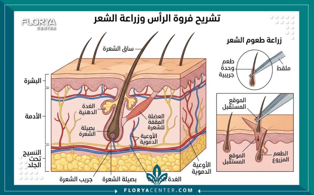 رسم توضيحي تشريحي لطبقات الجلد وبصيلات الشعر يوضح كيفية زراعة الطعوم بأمان.