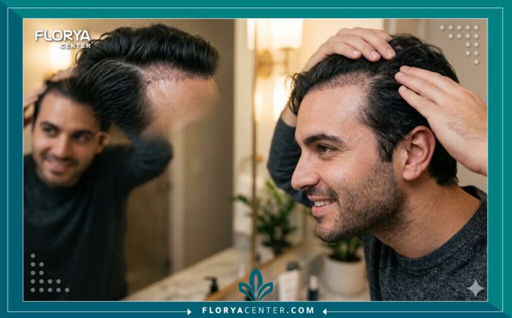 صورة قريبة توضح تعافي فروة الرأس والنتائج الطبيعية بعد فترة من عملية زراعة الشعر.