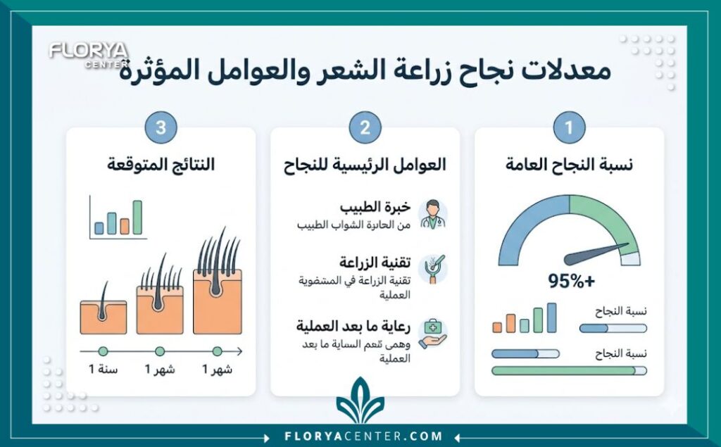 إنفوجرافيك يوضح معدلات نجاح زراعة الشعر والعوامل المؤثرة والنتائج المتوقعة عبر الزمن.