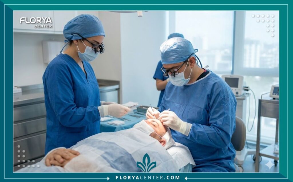 طاقم طبي متخصص يجري عملية زراعة شعر بدقة داخل غرفة عمليات معقمة ومجهزة بأحدث التقنيات