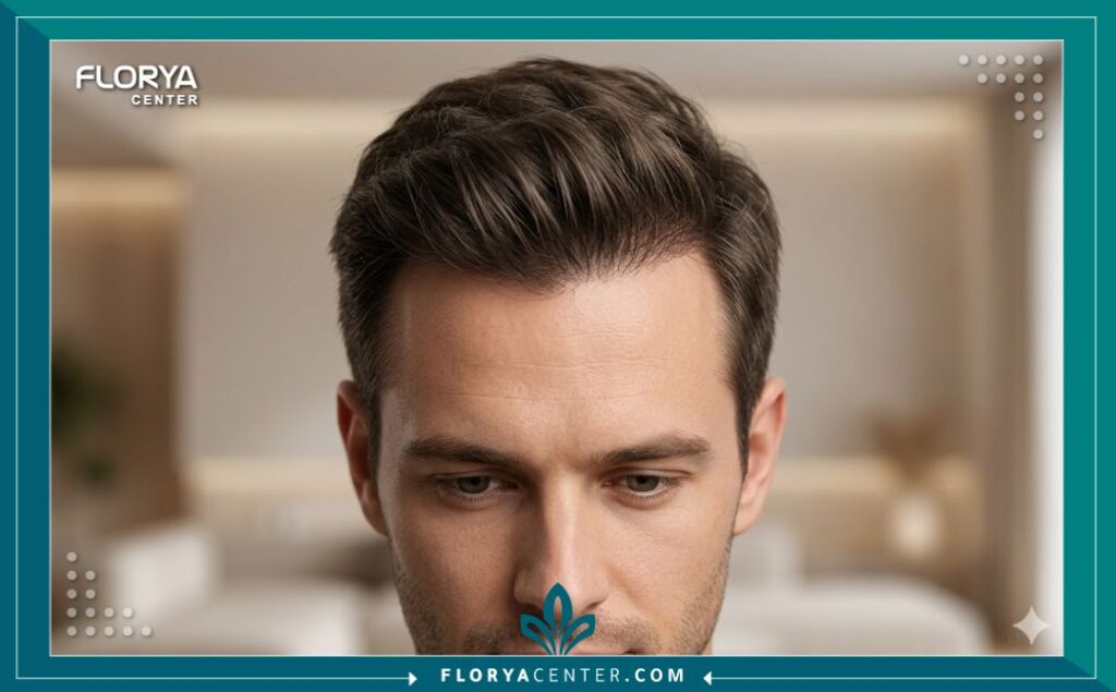 لقطة مقربة تظهر كثافة الشعر الطبيعية ونجاح زراعة الشعر في منطقة الخط الأمامي لفروة الرأس.