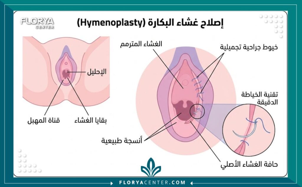 رسم تخطيطي طبي يوضح كيفية إجراء عملية ترقيم غشاء البكارة في تركيا باستخدام خيوط جراحية دقيقة قابلة للامتصاص.