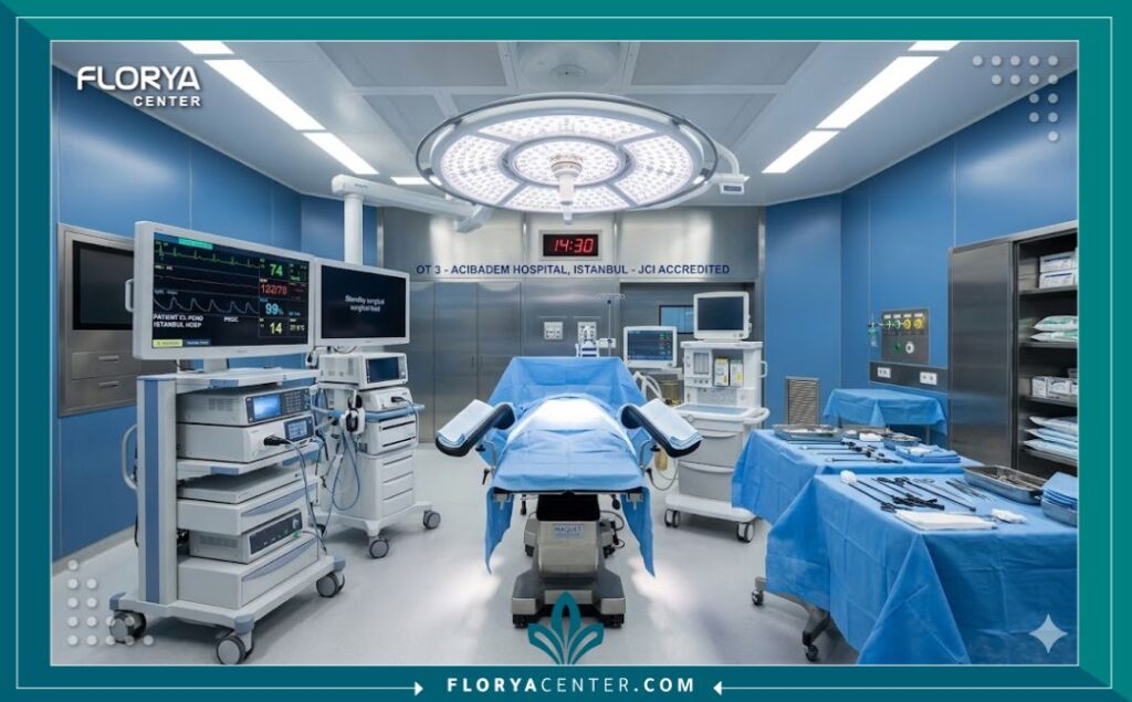 غرفة عمليات معقمة ومتطورة في مستشفى مرموق في إسطنبول، مجهزة بأحدث التقنيات لضمان نجاح جراحات التجميل النسائية.