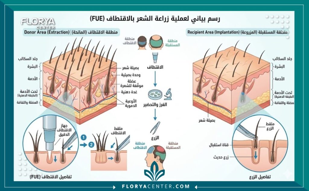 رسم تخطيطي طبي يوضح مراحل عملية زراعة الشعر بالاقتطاف FUE من المنطقة المانحة إلى المنطقة المستقبلة، مع تسميات توضيحية باللغة العربية.