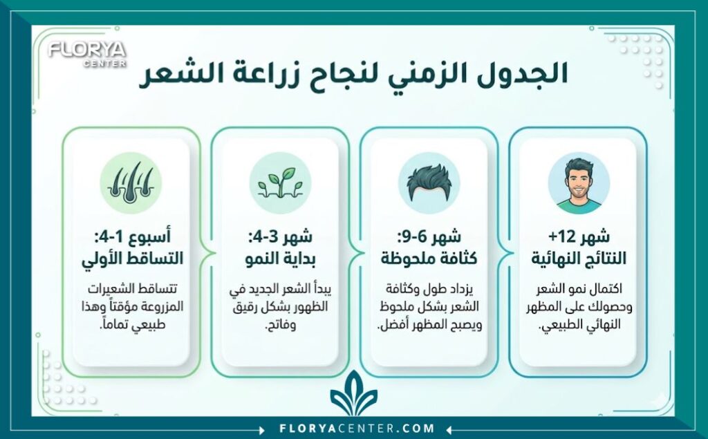 إنفوجرافيك يوضح الجدول الزمني هل عملية زراعة الشعر ناجحة وظهور النتائج من الشهر الأول وحتى السنة الأولى وما بعدها، باللغة العربية.