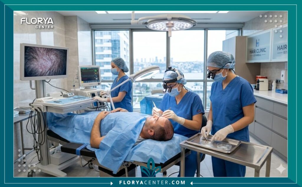 صورة واقعية احترافية من داخل غرفة عمليات معقمة وحديثة في مستشفى لزراعة الشعر، تظهر الطاقم الطبي أثناء إجراء عملية زراعة شعر بدقة.