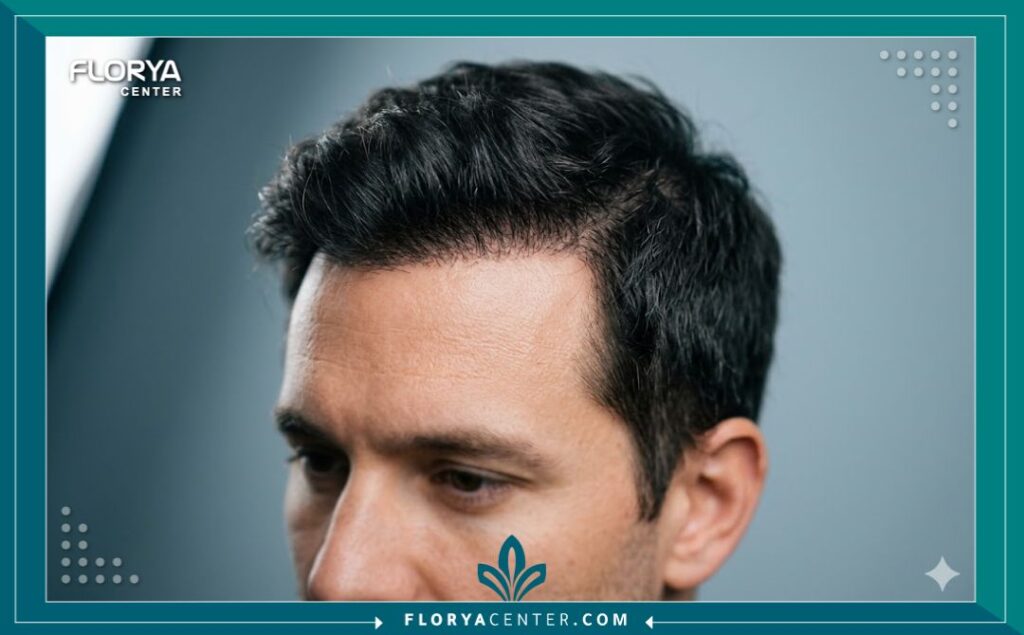 لقطة مكبرة واحترافية تركز على خط الشعر الطبيعي والكثيف لنموذج رجل بعد عملية زراعة شعر ناجحة، مع إضاءة تجميلية ناعمة.