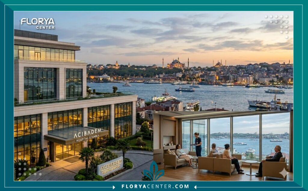 منظر بانورامي مهيب لمدينة إسطنبول ومضيق البوسفور، يجمع بين المعالم التاريخية ومستشفى حديث فاخر لزراعة الشعر، يرمز للسياحة العلاجية.