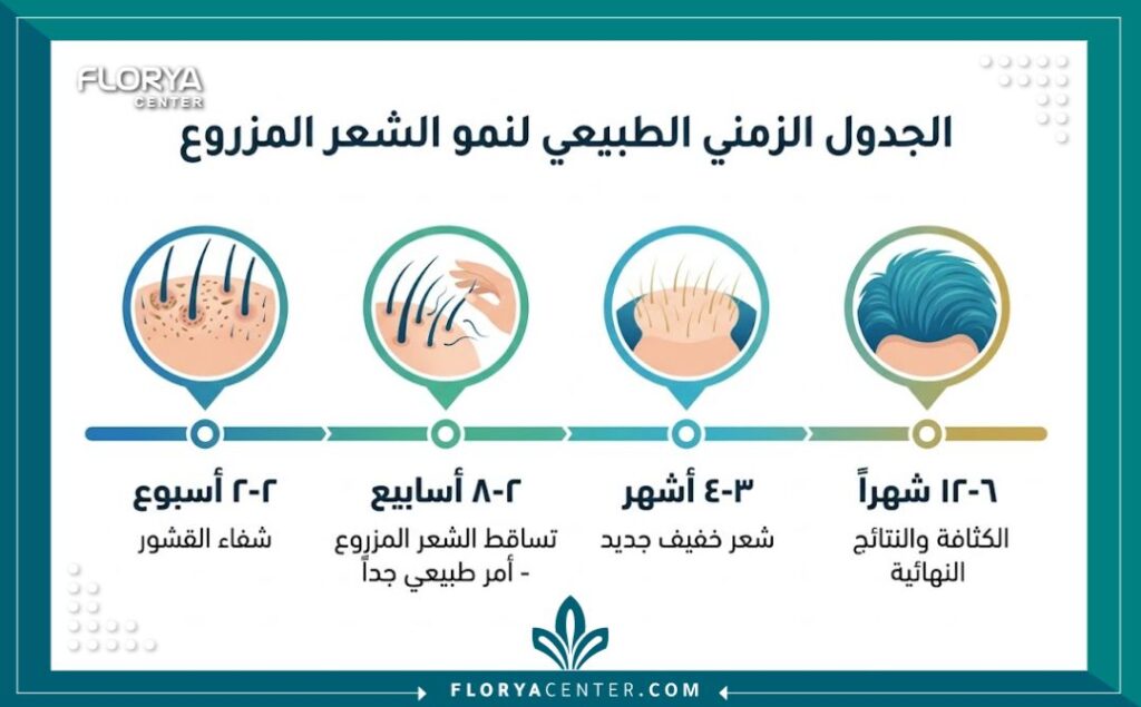 إنفوجرافيك يوضح الجدول الزمني لمراحل نمو الشعر المزروع، مؤكداً أن هل يتساقط الشعر المزروع بعد الزراعة بعد أسابيع من العملية هو أمر طبيعي.