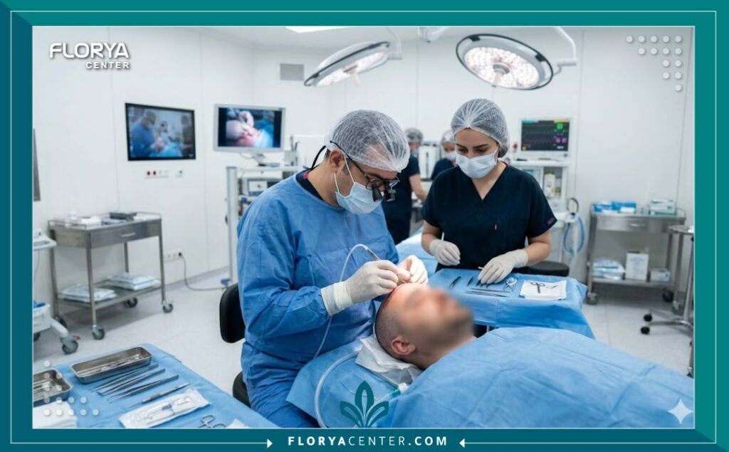 طاقم طبي متخصص يجري عملية زراعة شعر في غرفة عمليات معقمة ومجهزة بأحدث التقنيات في تركيا.
