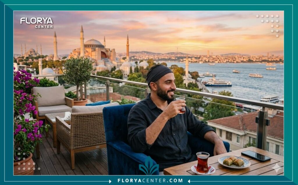 مريض يقضي فترة النقاهة براحة في إسطنبول بعد عملية زراعة الشعر، مع إطلالة على البوسفور وآيا صوفيا.