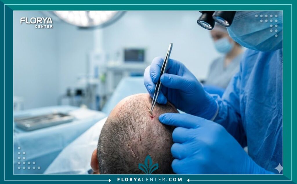 جراح متخصص يقوم بزرع بصيلات الشعر بدقة عالية في فروة رأس مريض داخل غرفة عمليات معقمة واحترافية.