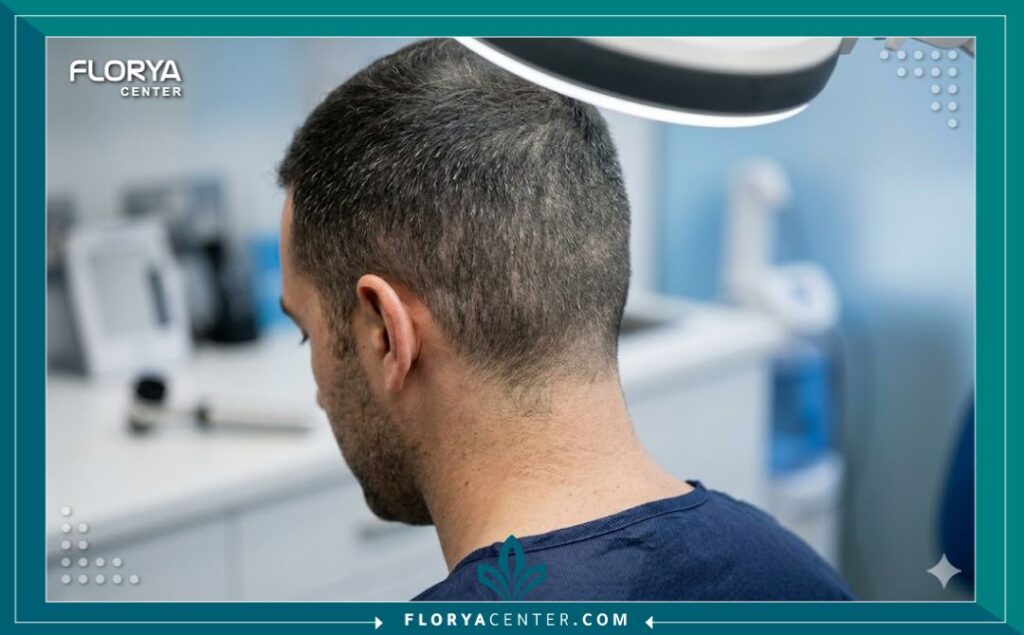 لقطة مقربة للمنطقة المانحة خلف الرأس بعد التئامها التام، تظهر كثافة الشعر وصحتها وعدم تأثرها الدائم بعملية الاقتطاف لزراعة الشعر.