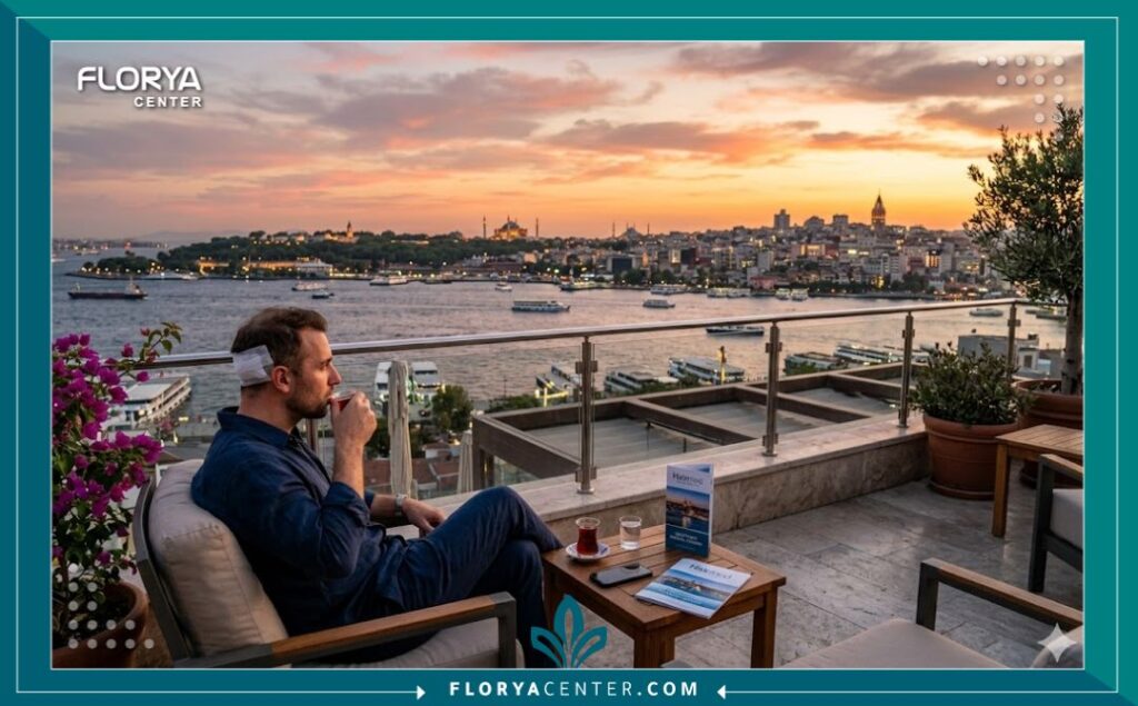 مريض يقضي فترة النقاهة بعد عملية زراعة الشعر في إسطنبول، تركيا، مستمتعاً بإطلالة على البوسفور، مما يعكس تجربة السياحة العلاجية المريحة.