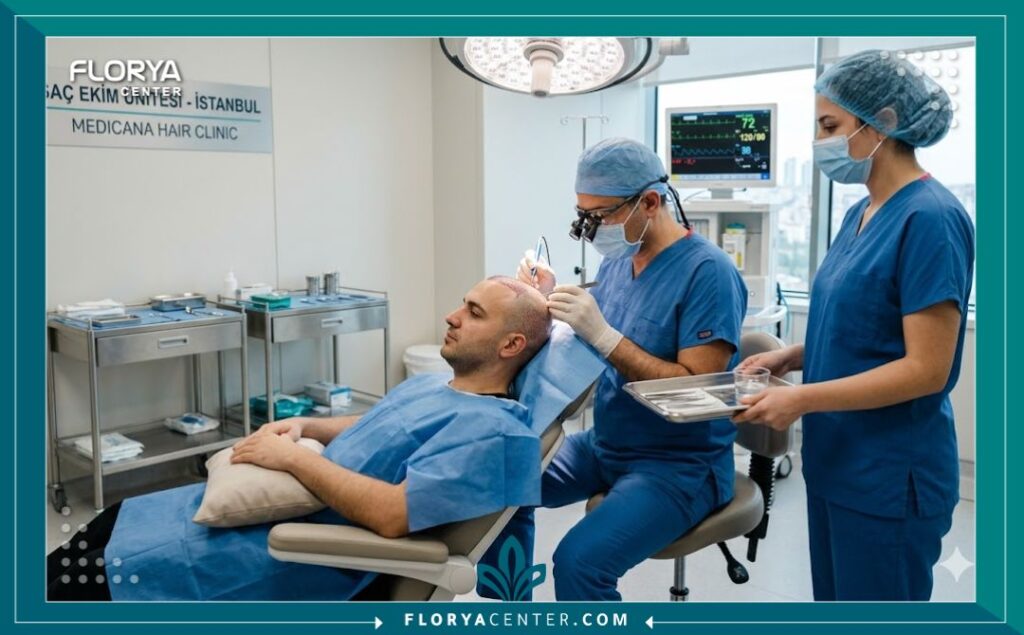 جراح متخصص يقوم بعملية زراعة الشعر بدقة داخل غرفة عمليات معقمة وحديثة في مركز زراعة شعر في اسطنبول.