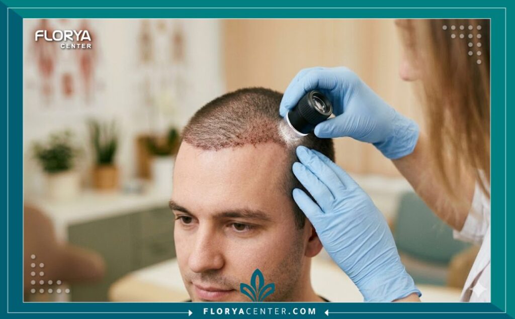 لقطة قريبة لفروة رأس رجل بعد أسابيع قليلة من زراعة الشعر تظهر مرحلة التساقط الأولى (الصدمة) كجزء طبيعي من التعافي.
