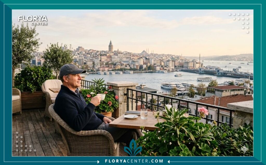 مريض يقضي فترة النقاهة والاسترخاء في اسطنبول بعد الانتهاء من عملية زراعة الشعر الناجحة، مستمتعاً بالإطلالة.