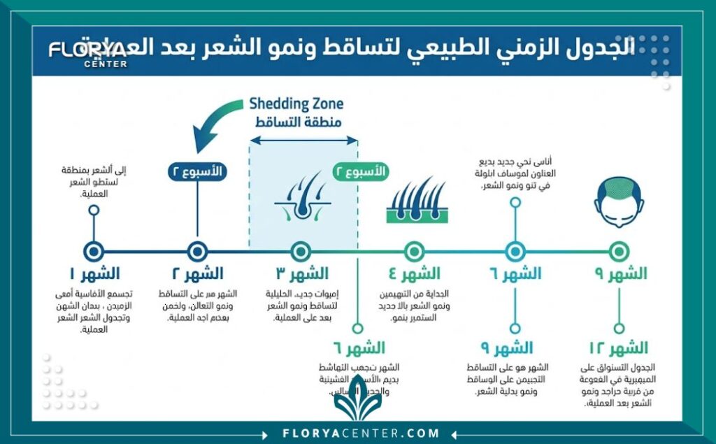 إنفوجرافيك يوضح الجدول الزمني هل يمكن أن يسقط الشعر بعد عملية زراعة الشعر؟ ونموه مرة أخرى خلال السنة الأولى بعد العملية، موضحاً فترة التساقط الطبيعية.