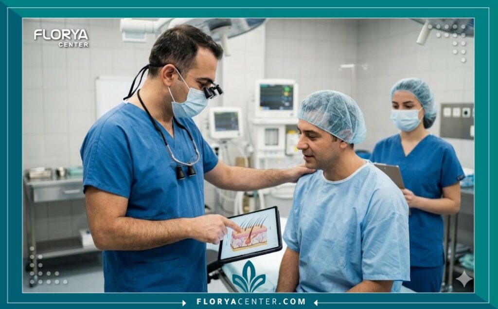 طبيب زراعة شعر مختص في مستشفى حديث في إسطنبول يشرح لمريض عن مرحلة تساقط الشعر (صدمة الشعر) وطبيعتها كجزء من عملية الشفاء.