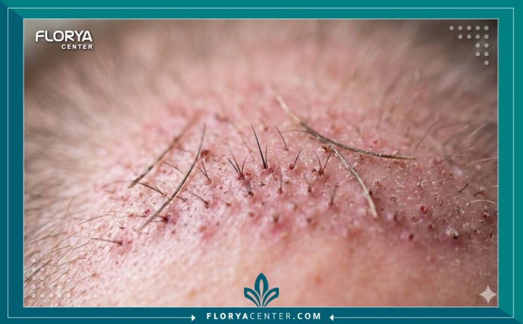 لقطة مكبرة جمالية لفروة الرأس تظهر بصيلات الشعر المزروعة حديثاً وهي تبدأ بالنمو بينما تسقط بعض الشعيرات القديمة بشكل طبيعي (ظاهرة صدمة الشعر).