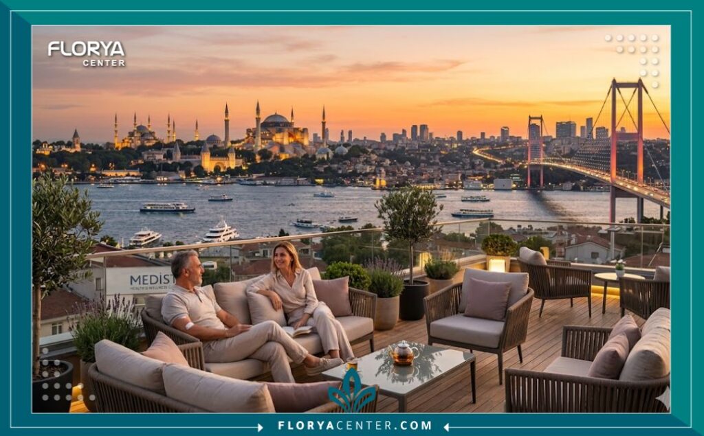 منظر بانورامي لمدينة إسطنبول والبوسفور من شرفة مركز طبي متخصص بزراعة الشعر، يرمز لرحلة العلاج والاسترخاء في تركيا.