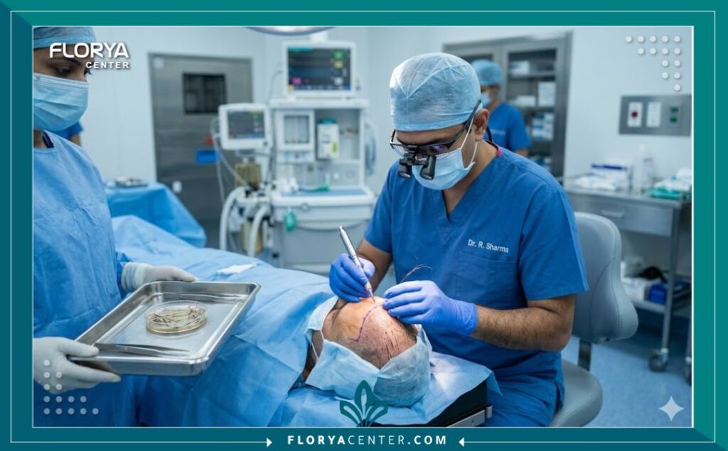 طبيب متخصص يقوم بعملية زراعة شعر طويل بدقة داخل غرفة عمليات معقمة واحترافية في مستشفى تركي.