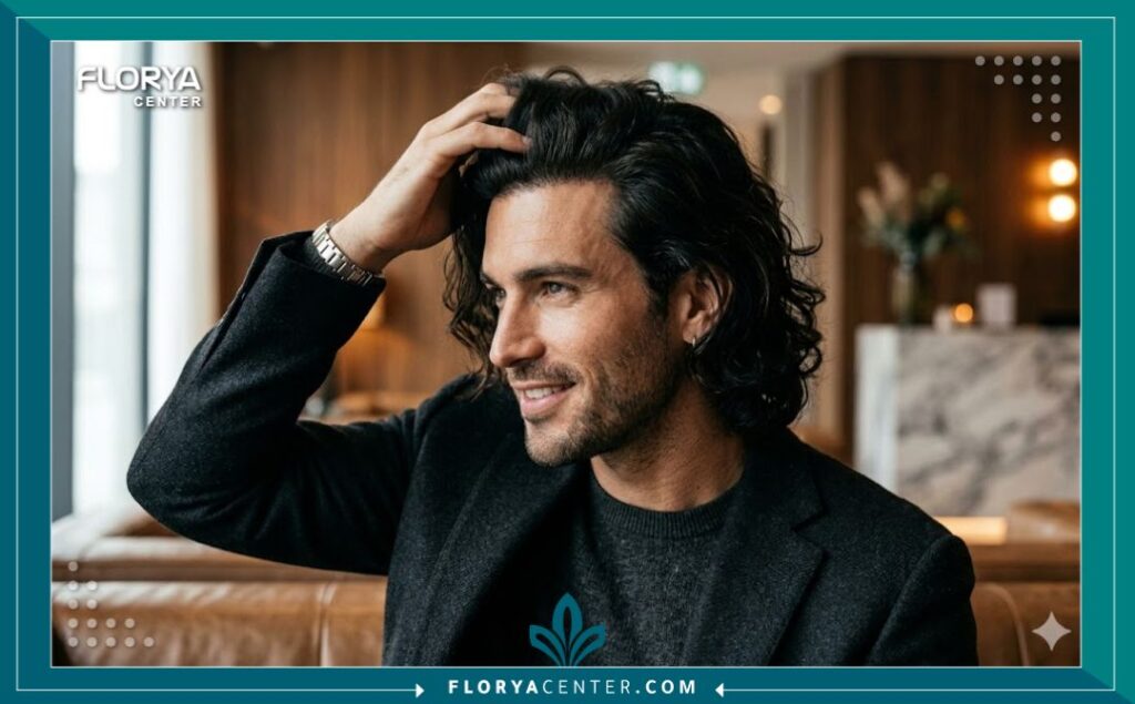 لقطة جمالية قريبة تظهر كثافة ومظهر الشعر الطبيعي الطويل بعد عملية الزراعة دون الحاجة للانتظار.