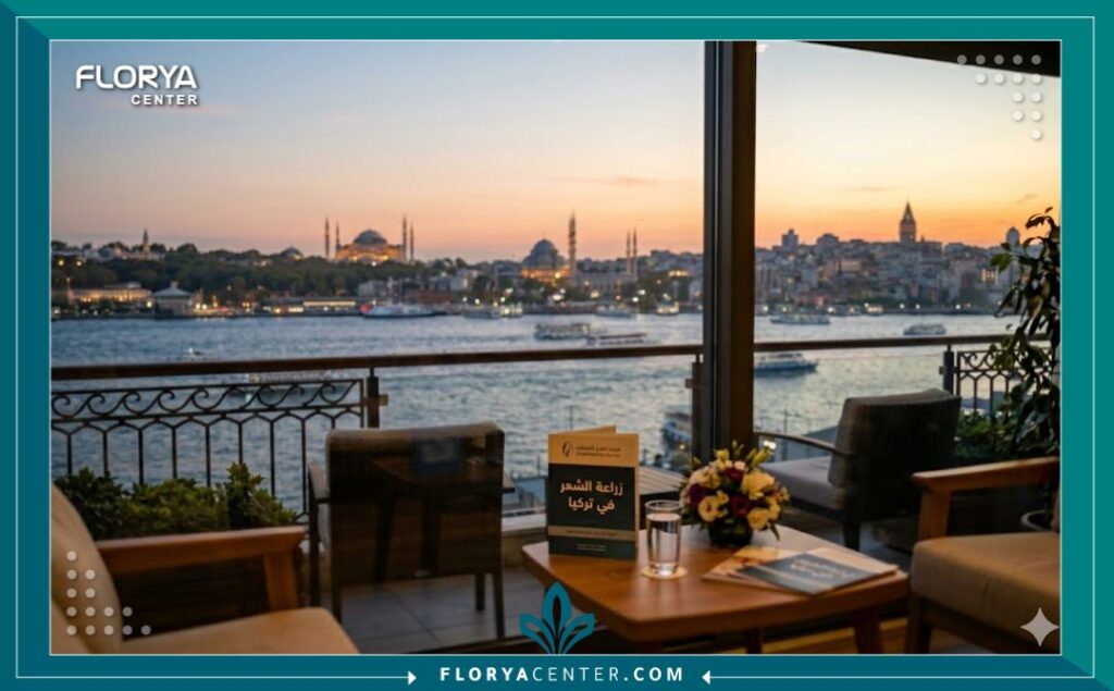 إطلالة بانورامية مميزة لمدينة اسطنبول (تركيا) من نافذة مستشفى فاخر لزراعة الشعر الطويل، تدمج بين العلاج والسياحة.