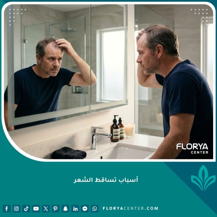 رجل ينظر في المرآة بقلق بسبب ظهور علامات أسباب تساقط الشعر الوراثي.