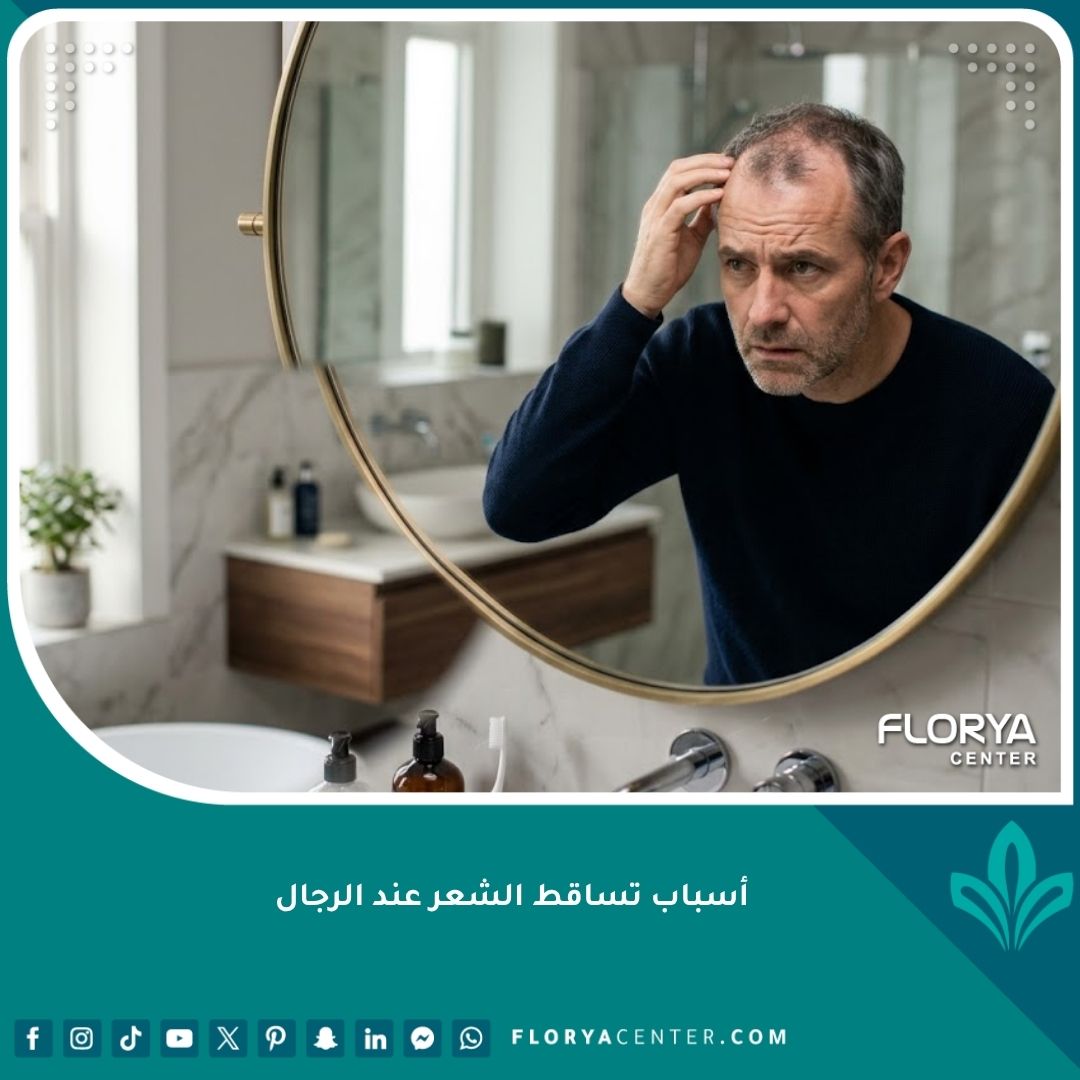 رجل يعاني من تراجع خط الشعر الأمامي ويبحث عن أسباب تساقط الشعر الوراثي عند الرجال أمام المرآة.