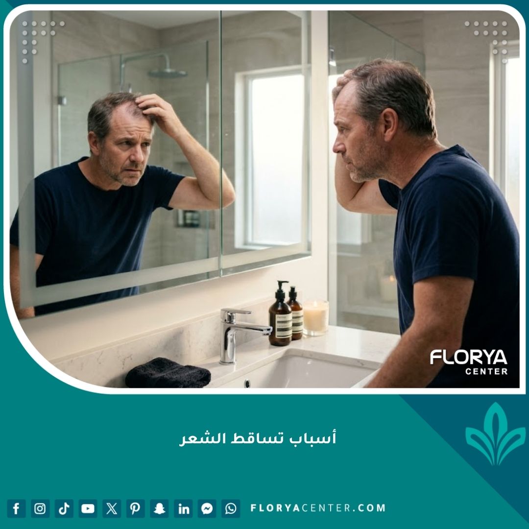 رجل ينظر في المرآة بقلق بسبب ظهور علامات أسباب تساقط الشعر الوراثي.